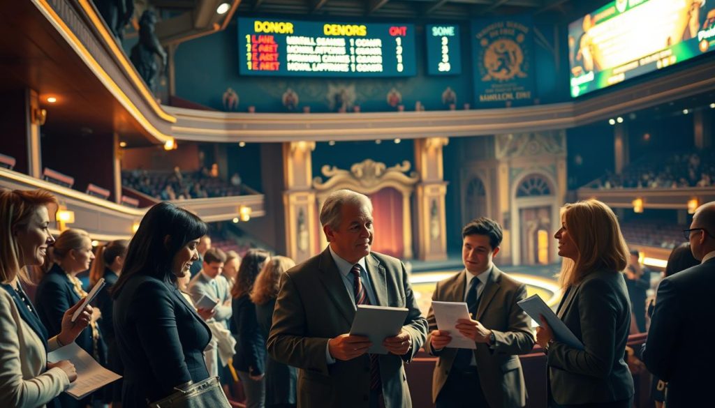 A sports stadium-inspired theater box office, illuminated by warm theatrical lighting. In the foreground, a group of well-dressed patrons engaged in animated discussions, handing over tickets and making pledges. In the middle ground, a coach-like figure, clipboard in hand, strategizing with a team of dedicated fundraisers. The background showcases a grand, ornate stage, hinting at the exciting performances to come, while overhead, a scoreboard-like display tracks donor contributions and goals. The atmosphere exudes a sense of anticipation, camaraderie, and the shared mission of supporting the season's artistic and cultural offerings. A sports stadium-inspired theater box office, illuminated by warm theatrical lighting. In the foreground, a group of well-dressed patrons engaged in animated discussions, handing over tickets and making pledges. In the middle ground, a coach-like figure, clipboard in hand, strategizing with a team of dedicated fundraisers. The background showcases a grand, ornate stage, hinting at the exciting performances to come, while overhead, a scoreboard-like display tracks donor contributions and goals. The atmosphere exudes a sense of anticipation, camaraderie, and the shared mission of supporting the season's artistic and cultural offerings.
