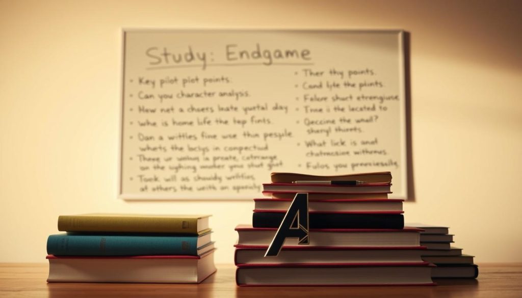 A study guide for the film Avengers: Endgame, with a clean, minimal design aesthetic. In the foreground, a stack of textbooks and notebooks with the Avengers logo prominently displayed. The middle ground features a chalkboard or whiteboard with key plot points, character analysis, and thematic elements written in a neat, academic style. The background is a soft, muted gradient, conveying a sense of focus and contemplation. The lighting is warm and directional, creating depth and highlighting the study materials. The overall mood is one of thoughtful, scholarly engagement with the film's complex narrative and themes. A study guide for the film Avengers: Endgame, with a clean, minimal design aesthetic. In the foreground, a stack of textbooks and notebooks with the Avengers logo prominently displayed. The middle ground features a chalkboard or whiteboard with key plot points, character analysis, and thematic elements written in a neat, academic style. The background is a soft, muted gradient, conveying a sense of focus and contemplation. The lighting is warm and directional, creating depth and highlighting the study materials. The overall mood is one of thoughtful, scholarly engagement with the film's complex narrative and themes.