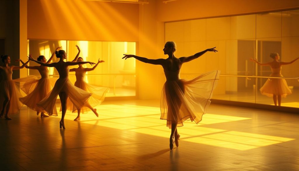 A stylized dance studio flooded with warm, golden light. In the foreground, a group of performers in flowing, ethereal costumes gracefully executing a series of synchronized movements, their limbs extending and contracting with deliberate precision. In the middle ground, a solitary dancer, hair pulled back, barefoot, intently focused as they practice a series of complex, balletic poses. The background reveals a mirrored wall, reflecting the dancers' movements and creating a sense of depth and ethereality. The overall atmosphere is one of elegance, discipline, and the embodiment of Symbolist artistic principles. A stylized dance studio flooded with warm, golden light. In the foreground, a group of performers in flowing, ethereal costumes gracefully executing a series of synchronized movements, their limbs extending and contracting with deliberate precision. In the middle ground, a solitary dancer, hair pulled back, barefoot, intently focused as they practice a series of complex, balletic poses. The background reveals a mirrored wall, reflecting the dancers' movements and creating a sense of depth and ethereality. The overall atmosphere is one of elegance, discipline, and the embodiment of Symbolist artistic principles.