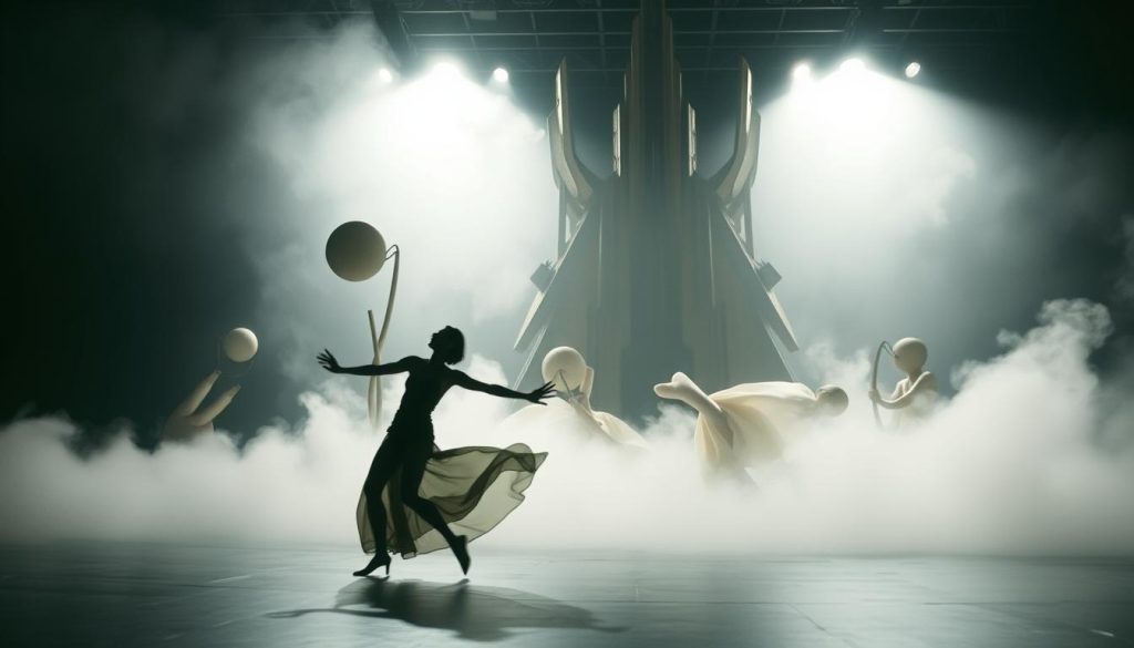 A surreal avant-garde performance takes place on a dimly lit stage. In the foreground, a dancer moves with fluid, ethereal motions, their body seemingly defying gravity. The middle ground is shrouded in a hazy, dreamlike atmosphere, with abstract shapes and forms floating in the air. In the background, a towering, otherworldly structure rises, its sharp edges and distorted geometry creating a sense of unease and wonder. Dramatic backlighting casts dramatic shadows, while a soft, muted color palette lends an air of mystery and introspection. The overall scene evokes a sense of the unknown, inviting the viewer to immerse themselves in the transformative power of this surreal, boundary-pushing performance. A surreal avant-garde performance takes place on a dimly lit stage. In the foreground, a dancer moves with fluid, ethereal motions, their body seemingly defying gravity. The middle ground is shrouded in a hazy, dreamlike atmosphere, with abstract shapes and forms floating in the air. In the background, a towering, otherworldly structure rises, its sharp edges and distorted geometry creating a sense of unease and wonder. Dramatic backlighting casts dramatic shadows, while a soft, muted color palette lends an air of mystery and introspection. The overall scene evokes a sense of the unknown, inviting the viewer to immerse themselves in the transformative power of this surreal, boundary-pushing performance.