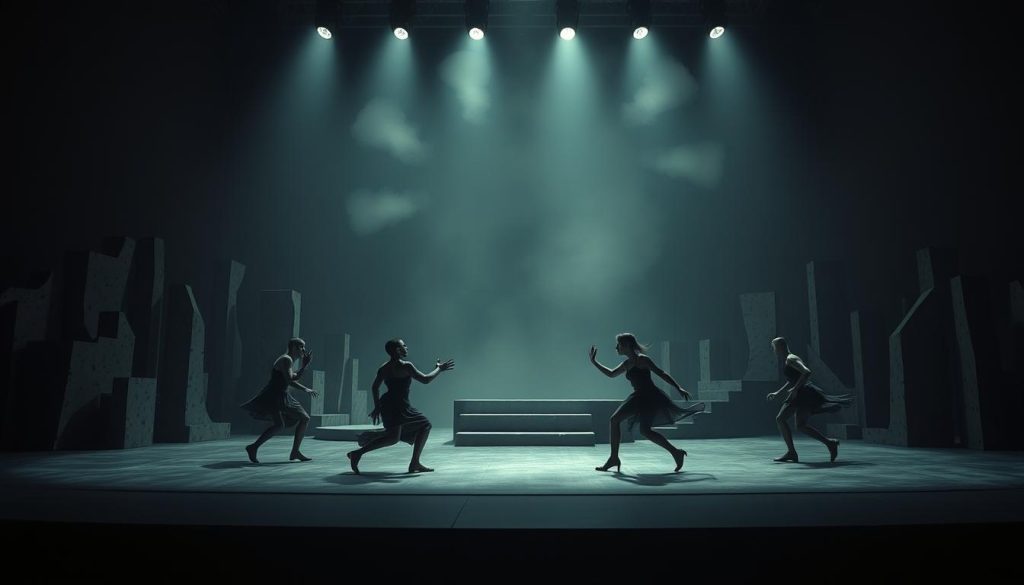 A surreal avant-garde theater stage, dimly lit with moody chiaroscuro lighting. In the foreground, performers in abstract, sculptural costumes engage in a stylized, competitive dance, their movements a choreographed game of chance and risk. The middle ground features disjointed architectural elements - distorted columns, jagged platforms, and fragmented walls - creating a sense of instability and uncertainty. In the background, a hazy, dreamlike void suggests the unknown, the unseen. Lens flares and a shallow depth of field add to the enigmatic, cinematic atmosphere. The overall scene evokes a sense of mystery, experimentation, and the exploration of the boundaries of meaning and expression. A surreal avant-garde theater stage, dimly lit with moody chiaroscuro lighting. In the foreground, performers in abstract, sculptural costumes engage in a stylized, competitive dance, their movements a choreographed game of chance and risk. The middle ground features disjointed architectural elements - distorted columns, jagged platforms, and fragmented walls - creating a sense of instability and uncertainty. In the background, a hazy, dreamlike void suggests the unknown, the unseen. Lens flares and a shallow depth of field add to the enigmatic, cinematic atmosphere. The overall scene evokes a sense of mystery, experimentation, and the exploration of the boundaries of meaning and expression.