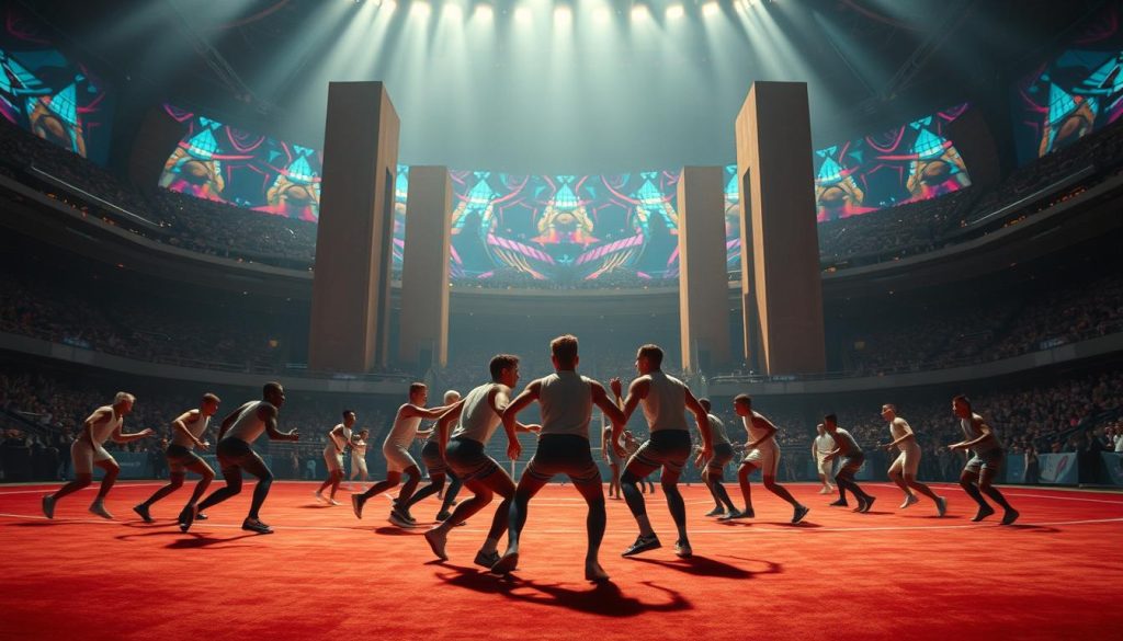 A surreal sports arena where absurdist theater unfolds. In the foreground, actors dressed as athletes engage in a bizarre pantomime, their movements evoking the tension and drama of the game. The middle ground features towering, abstract set pieces that distort the space, creating a sense of disorientation. The background is a kaleidoscopic blur of vibrant colors and distorted architectural elements, evoking the dreamlike, illogical nature of the scene. Dramatic, moody lighting casts long shadows, heightening the sense of the uncanny. The overall atmosphere is one of playful subversion, where the rules and conventions of both sports and theater are playfully dismantled. A surreal sports arena where absurdist theater unfolds. In the foreground, actors dressed as athletes engage in a bizarre pantomime, their movements evoking the tension and drama of the game. The middle ground features towering, abstract set pieces that distort the space, creating a sense of disorientation. The background is a kaleidoscopic blur of vibrant colors and distorted architectural elements, evoking the dreamlike, illogical nature of the scene. Dramatic, moody lighting casts long shadows, heightening the sense of the uncanny. The overall atmosphere is one of playful subversion, where the rules and conventions of both sports and theater are playfully dismantled.