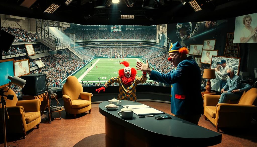A surreal sports broadcast studio, where the anchors employ absurdist techniques to analyze the game. In the foreground, a sportscaster in a clown costume gestures wildly, using exaggerated movements and nonsensical commentary to mock the conventions of traditional sports journalism. In the middle ground, the set is filled with bizarre props and distorted, cubist-inspired furniture, creating an unsettling, dreamlike atmosphere. The background features a distorted, fragmented view of a sports arena, with players and spectators rendered in a surreal, abstracted style, emphasizing the sense of chaos and disruption. Dramatic lighting casts long shadows, heightening the sense of the absurd. The overall scene conveys a playful, subversive tone, challenging the audience's expectations of how sports analysis should be presented. A surreal sports broadcast studio, where the anchors employ absurdist techniques to analyze the game. In the foreground, a sportscaster in a clown costume gestures wildly, using exaggerated movements and nonsensical commentary to mock the conventions of traditional sports journalism. In the middle ground, the set is filled with bizarre props and distorted, cubist-inspired furniture, creating an unsettling, dreamlike atmosphere. The background features a distorted, fragmented view of a sports arena, with players and spectators rendered in a surreal, abstracted style, emphasizing the sense of chaos and disruption. Dramatic lighting casts long shadows, heightening the sense of the absurd. The overall scene conveys a playful, subversive tone, challenging the audience's expectations of how sports analysis should be presented.