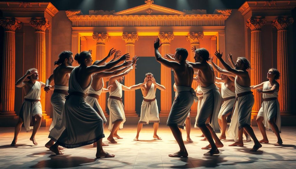 A team of Greek athletes, clad in traditional garments, engage in a dynamic sports-like performance on a stage. In the foreground, the players move in synchronized motions, their limbs intertwined as they work together to execute a complex routine. The middle ground features a backdrop of classical Greek architecture, with ornate columns and archways framing the scene. Warm, golden lighting illuminates the players, casting dramatic shadows and highlighting their muscular physiques. The overall atmosphere evokes a sense of ancient tradition, physical prowess, and collaborative spirit. A team of Greek athletes, clad in traditional garments, engage in a dynamic sports-like performance on a stage. In the foreground, the players move in synchronized motions, their limbs intertwined as they work together to execute a complex routine. The middle ground features a backdrop of classical Greek architecture, with ornate columns and archways framing the scene. Warm, golden lighting illuminates the players, casting dramatic shadows and highlighting their muscular physiques. The overall atmosphere evokes a sense of ancient tradition, physical prowess, and collaborative spirit.