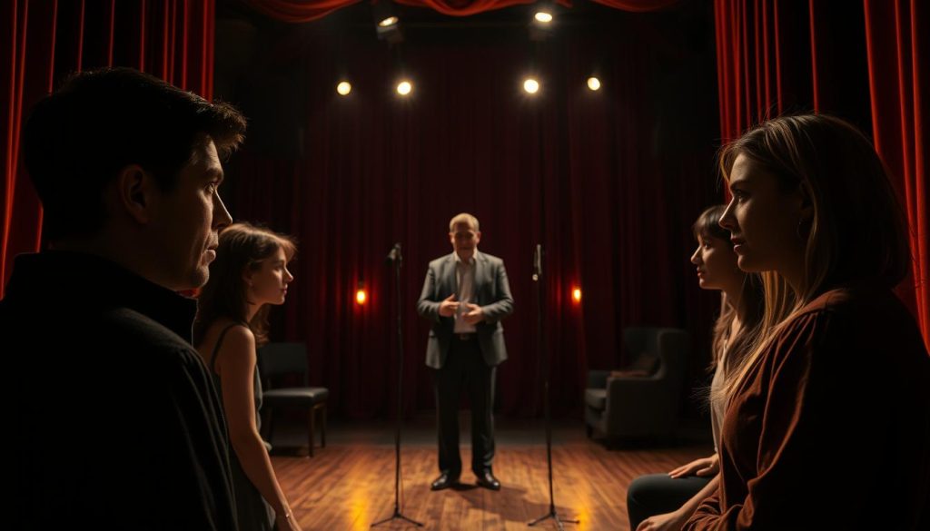 A theater stage bathed in warm, dramatic lighting. Actors in the foreground, their faces etched with intense focus, embodying the psychological complexities of their characters. The middle ground features a director providing subtle guidance, their hands gesturing with nuanced precision. In the background, a shadowy, pensive atmosphere suggests the profound emotional depth of the performance. Textures of velvet curtains, wooden floorboards, and the faint glow of theater lights create a visually captivating scene that encapsulates the art of psychological masterpiece acting techniques. A theater stage bathed in warm, dramatic lighting. Actors in the foreground, their faces etched with intense focus, embodying the psychological complexities of their characters. The middle ground features a director providing subtle guidance, their hands gesturing with nuanced precision. In the background, a shadowy, pensive atmosphere suggests the profound emotional depth of the performance. Textures of velvet curtains, wooden floorboards, and the faint glow of theater lights create a visually captivating scene that encapsulates the art of psychological masterpiece acting techniques.