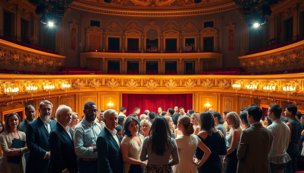 A theater stage illuminated by warm, theatrical lighting. In the foreground, a diverse group of theater directors, producers, and choreographers stand together, their expressions conveying focused determination. In the middle ground, actors and performers rehearse their lines and dance moves, their movements graceful and practiced. The background features the grand, ornate architecture of a historic performance hall, its gilded details and sweeping balconies evoking a sense of tradition and legacy. The overall atmosphere exudes a palpable energy, reflecting the leadership, artistry, and collaborative spirit that drive the theater's success. A theater stage illuminated by warm, theatrical lighting. In the foreground, a diverse group of theater directors, producers, and choreographers stand together, their expressions conveying focused determination. In the middle ground, actors and performers rehearse their lines and dance moves, their movements graceful and practiced. The background features the grand, ornate architecture of a historic performance hall, its gilded details and sweeping balconies evoking a sense of tradition and legacy. The overall atmosphere exudes a palpable energy, reflecting the leadership, artistry, and collaborative spirit that drive the theater's success.