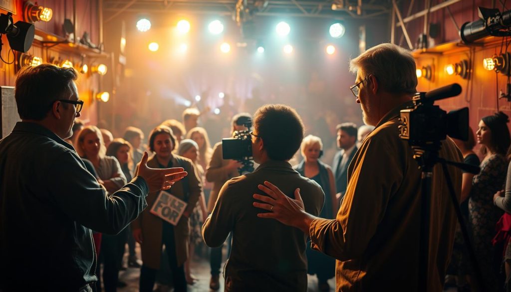 A vibrant backstage scene, illuminated by warm stage lights and filled with a sense of creative energy. In the foreground, a playwright earnestly directs a cast of actors, gesturing with expressive hands as they bring a new story to life. In the middle ground, a cinematographer peers through a vintage camera, capturing the dynamic movement and interplay between the creative collaborators. The background reveals a labyrinth of theatrical props, eclectic costumes, and a glimpse of the audience beyond the stage, hinting at the transformative power of this innovative storytelling. A vibrant backstage scene, illuminated by warm stage lights and filled with a sense of creative energy. In the foreground, a playwright earnestly directs a cast of actors, gesturing with expressive hands as they bring a new story to life. In the middle ground, a cinematographer peers through a vintage camera, capturing the dynamic movement and interplay between the creative collaborators. The background reveals a labyrinth of theatrical props, eclectic costumes, and a glimpse of the audience beyond the stage, hinting at the transformative power of this innovative storytelling.