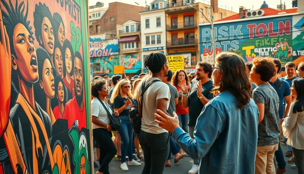 A vibrant collage of artistic activism, capturing the intersection of creativity and social change. In the foreground, a mural depicting powerful protest imagery, brushstrokes conveying a sense of urgency and determination. In the middle ground, a diverse group of artists and activists, engaged in lively discussion, their hands gesturing passionately. The background features a bustling urban landscape, with buildings adorned with colorful murals and banners, reflecting the energy and dynamism of the scene. Warm, natural lighting illuminates the tableau, creating a sense of warmth and authenticity. The overall composition evokes a harmonious blend of artistic expression and grassroots activism, inspiring viewers to engage and make a difference. A vibrant collage of artistic activism, capturing the intersection of creativity and social change. In the foreground, a mural depicting powerful protest imagery, brushstrokes conveying a sense of urgency and determination. In the middle ground, a diverse group of artists and activists, engaged in lively discussion, their hands gesturing passionately. The background features a bustling urban landscape, with buildings adorned with colorful murals and banners, reflecting the energy and dynamism of the scene. Warm, natural lighting illuminates the tableau, creating a sense of warmth and authenticity. The overall composition evokes a harmonious blend of artistic expression and grassroots activism, inspiring viewers to engage and make a difference.