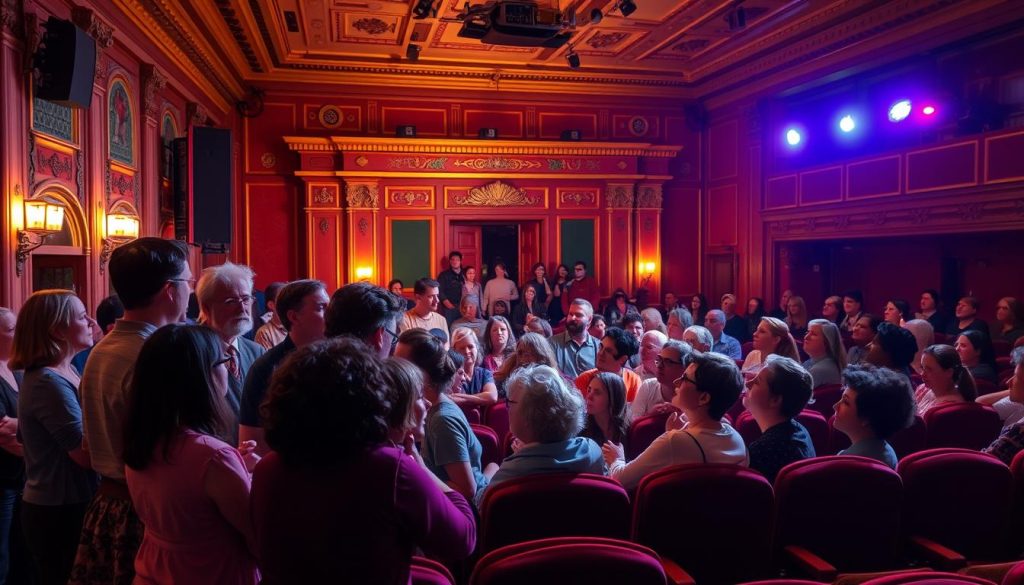 A vibrant community theater stage, brightly lit with warm, inviting lighting. In the foreground, a diverse group of actors, directors, and crew members collaborate intently, their expressions animated as they discuss their latest production. In the middle ground, the audience sits rapt, engaged in the performance unfolding before them. The theater's interior is richly detailed, with ornate architectural features and plush, velvet-upholstered seating. The mood is one of excitement, creativity, and a shared passion for the art of live performance. The overall scene conveys the deep connections and sense of community that emerge through the shared experience of theater. A vibrant community theater stage, brightly lit with warm, inviting lighting. In the foreground, a diverse group of actors, directors, and crew members collaborate intently, their expressions animated as they discuss their latest production. In the middle ground, the audience sits rapt, engaged in the performance unfolding before them. The theater's interior is richly detailed, with ornate architectural features and plush, velvet-upholstered seating. The mood is one of excitement, creativity, and a shared passion for the art of live performance. The overall scene conveys the deep connections and sense of community that emerge through the shared experience of theater.