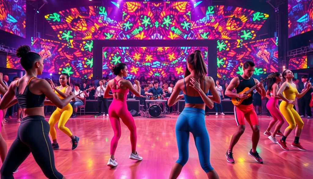 A vibrant, dynamic scene of a sports and arts mashup event. In the foreground, athletes in sleek, colorful uniforms engage in a lively dance performance, their movements graceful and energetic. The middle ground features a group of musicians playing a fusion of classical and electronic instruments, the audience captivated by the mesmerizing soundscape. In the background, a large stage is bathed in a kaleidoscope of colorful lighting, creating an immersive atmosphere of artistic and athletic collaboration. The overall mood is one of celebration, showcasing the seamless integration of diverse creative disciplines. A vibrant, dynamic scene of a sports and arts mashup event. In the foreground, athletes in sleek, colorful uniforms engage in a lively dance performance, their movements graceful and energetic. The middle ground features a group of musicians playing a fusion of classical and electronic instruments, the audience captivated by the mesmerizing soundscape. In the background, a large stage is bathed in a kaleidoscope of colorful lighting, creating an immersive atmosphere of artistic and athletic collaboration. The overall mood is one of celebration, showcasing the seamless integration of diverse creative disciplines.