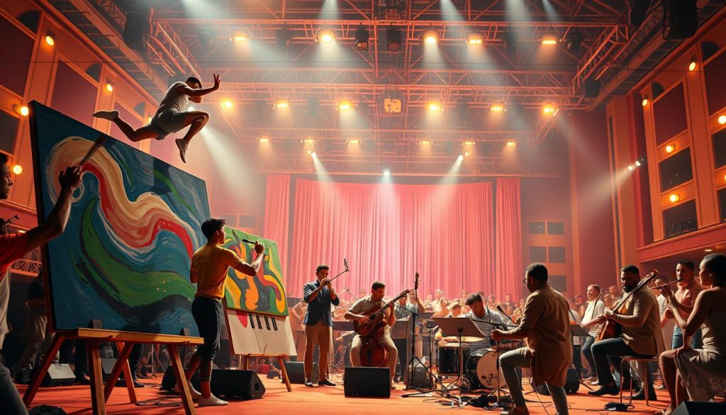 A vibrant, dynamic scene showcasing a diverse range of creative achievements in sports and the arts. In the foreground, a talented athlete leaps gracefully, their body frozen in mid-air as they perform an acrobatic feat. Beside them, a skilled painter brushes bold strokes onto a large canvas, their expression one of intense focus. In the middle ground, a group of musicians play their instruments with passion, the air filled with the rich, soulful tones of their performance. In the background, a large stage is illuminated by warm, golden lighting, setting the scene for a grand, theatrical display. The overall mood is one of energy, inspiration, and the celebration of human creativity and accomplishment. A vibrant, dynamic scene showcasing a diverse range of creative achievements in sports and the arts. In the foreground, a talented athlete leaps gracefully, their body frozen in mid-air as they perform an acrobatic feat. Beside them, a skilled painter brushes bold strokes onto a large canvas, their expression one of intense focus. In the middle ground, a group of musicians play their instruments with passion, the air filled with the rich, soulful tones of their performance. In the background, a large stage is illuminated by warm, golden lighting, setting the scene for a grand, theatrical display. The overall mood is one of energy, inspiration, and the celebration of human creativity and accomplishment.