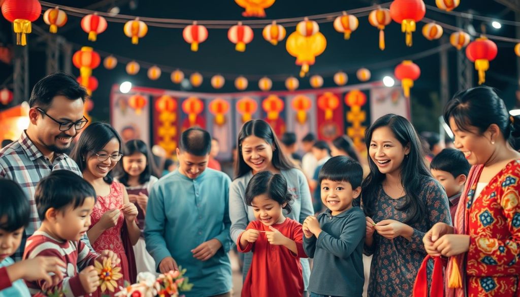 A vibrant family gathering amid a cultural calendar of events, with parents and children engaged in various activities. In the foreground, a diverse group of people playfully participate in traditional games and crafts, their expressions animated with joy. The middle ground features a backdrop of colorful festival banners, lanterns, and decorations, creating a festive atmosphere. In the background, a blurred silhouette of a stage or performance area suggests an array of cultural programs and entertainment. Warm, natural lighting casts a soft glow, enhancing the sense of community and shared experiences. A vibrant family gathering amid a cultural calendar of events, with parents and children engaged in various activities. In the foreground, a diverse group of people playfully participate in traditional games and crafts, their expressions animated with joy. The middle ground features a backdrop of colorful festival banners, lanterns, and decorations, creating a festive atmosphere. In the background, a blurred silhouette of a stage or performance area suggests an array of cultural programs and entertainment. Warm, natural lighting casts a soft glow, enhancing the sense of community and shared experiences.