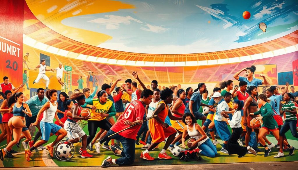 A vibrant mural depicting the dynamic collaboration between sports and the arts. In the foreground, a diverse group of athletes and artists work together, their energetic movements captured in dynamic brushstrokes. The middle ground showcases a blend of athletic equipment and artistic tools, symbolizing the fusion of these disciplines. In the background, a stadium-like structure provides a sense of grand, shared achievement, illuminated by warm, golden lighting that casts a celebratory glow. The overall composition conveys a spirit of teamwork, innovation, and the power of interdisciplinary creative expression. A vibrant mural depicting the dynamic collaboration between sports and the arts. In the foreground, a diverse group of athletes and artists work together, their energetic movements captured in dynamic brushstrokes. The middle ground showcases a blend of athletic equipment and artistic tools, symbolizing the fusion of these disciplines. In the background, a stadium-like structure provides a sense of grand, shared achievement, illuminated by warm, golden lighting that casts a celebratory glow. The overall composition conveys a spirit of teamwork, innovation, and the power of interdisciplinary creative expression.