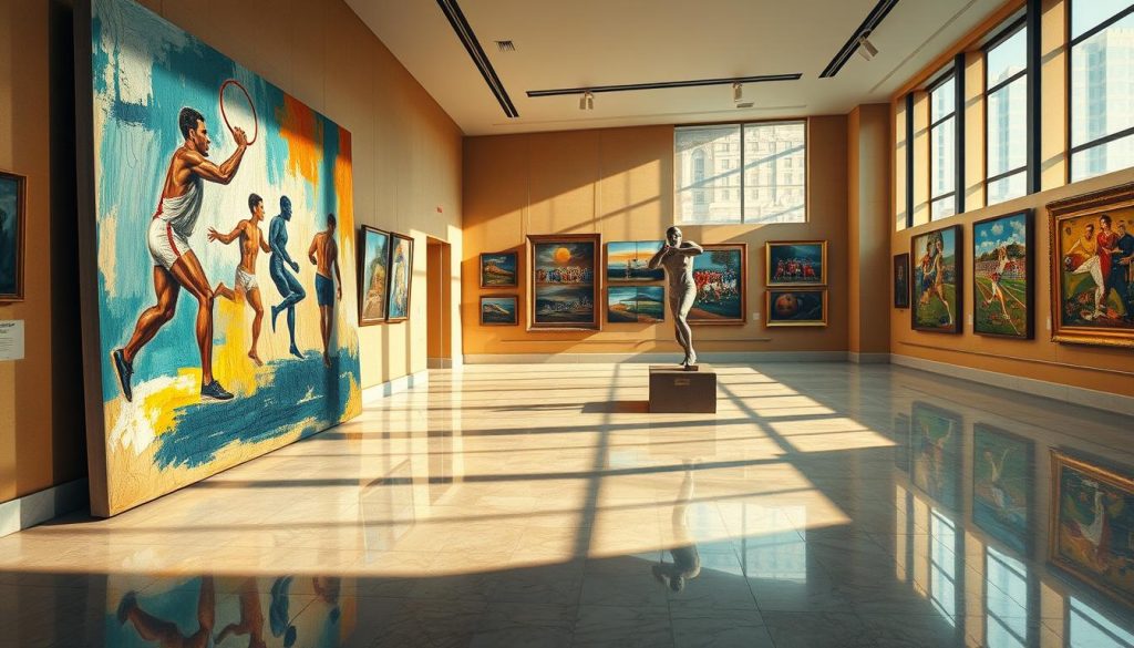 A vibrant, oil-painted scene of a museum gallery showcasing various artworks with distinct sports motifs. In the foreground, a large abstract canvas depicts dynamic athletic figures in bold, energetic brushstrokes. In the middle ground, a classical sculpture of a discus thrower stands proudly, casting dynamic shadows across the polished marble floor. The background features a diverse array of paintings, from impressionistic landscapes with sporting events to cubist depictions of team sports. Warm, golden lighting filters through large windows, lending a contemplative, thoughtful atmosphere to the space. The overall composition captures the intersection of sports and artistic expression, inviting the viewer to explore the thematic connections between these two realms. A vibrant, oil-painted scene of a museum gallery showcasing various artworks with distinct sports motifs. In the foreground, a large abstract canvas depicts dynamic athletic figures in bold, energetic brushstrokes. In the middle ground, a classical sculpture of a discus thrower stands proudly, casting dynamic shadows across the polished marble floor. The background features a diverse array of paintings, from impressionistic landscapes with sporting events to cubist depictions of team sports. Warm, golden lighting filters through large windows, lending a contemplative, thoughtful atmosphere to the space. The overall composition captures the intersection of sports and artistic expression, inviting the viewer to explore the thematic connections between these two realms.