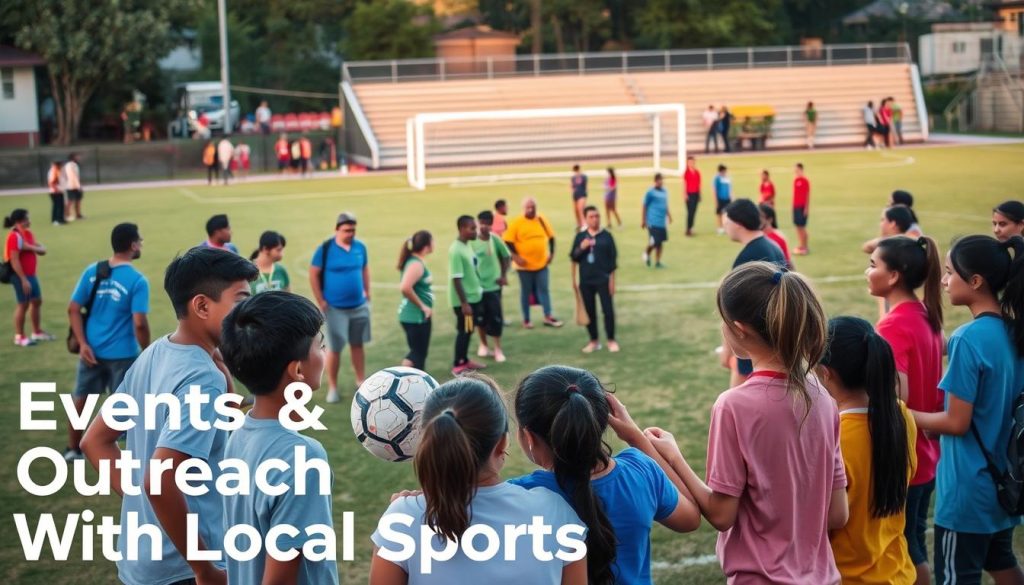 A vibrant outdoor scene of a sports outreach event, with a diverse group of volunteers and participants engaged in various team-building activities. In the foreground, a team of young people pass a soccer ball, their expressions filled with camaraderie and determination. In the middle ground, a group gathers around a coach, discussing strategy and technique. In the background, a well-equipped sports field with goal posts and spectator stands, bathed in the warm glow of natural lighting. The atmosphere is one of collaboration, inclusivity, and a shared passion for the sport, capturing the essence of "Events & Outreach With Local Sports". A vibrant outdoor scene of a sports outreach event, with a diverse group of volunteers and participants engaged in various team-building activities. In the foreground, a team of young people pass a soccer ball, their expressions filled with camaraderie and determination. In the middle ground, a group gathers around a coach, discussing strategy and technique. In the background, a well-equipped sports field with goal posts and spectator stands, bathed in the warm glow of natural lighting. The atmosphere is one of collaboration, inclusivity, and a shared passion for the sport, capturing the essence of "Events & Outreach With Local Sports".