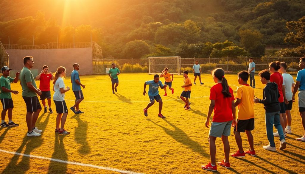 A vibrant outdoor sports field, bathed in warm golden light from the setting sun. In the foreground, a diverse group of volunteers enthusiastically engage with young athletes, guiding them through drills and exercises that promote teamwork and physical development. The middle ground captures the energy of the game, with players deftly maneuvering the ball and cheering each other on. In the background, a lush green landscape frames the scene, conveying a sense of community and connection. The atmosphere is one of camaraderie, mentorship, and the transformative power of sports to positively impact lives. A vibrant outdoor sports field, bathed in warm golden light from the setting sun. In the foreground, a diverse group of volunteers enthusiastically engage with young athletes, guiding them through drills and exercises that promote teamwork and physical development. The middle ground captures the energy of the game, with players deftly maneuvering the ball and cheering each other on. In the background, a lush green landscape frames the scene, conveying a sense of community and connection. The atmosphere is one of camaraderie, mentorship, and the transformative power of sports to positively impact lives.