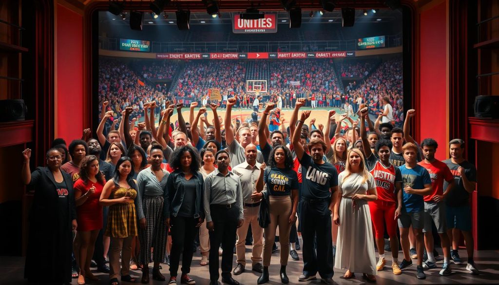 A vibrant, politically-charged scene unfolds on a grand theater stage. In the foreground, a diverse ensemble of actors and actresses stand united, their expressions conveying a sense of determination and purpose. Behind them, the backdrop depicts a bustling sports arena, where athletes of various disciplines raise fists in solidarity, their uniforms emblazoned with slogans and symbols of social justice. Dramatic lighting casts dynamic shadows, illuminating the energy and passion of the moment. The composition is balanced, with the theater and sports elements seamlessly integrated, creating a powerful visual metaphor for the intertwining of political activism in the realms of arts and athletics. The overall mood is one of defiance and hope, a call to action that transcends the boundaries of stage and field. This image captures the spirit of the "Political Activism Onstage and On the Field" section, inspiring viewers to consider the important role that creative expression and athletic endeavors can play in A vibrant, politically-charged scene unfolds on a grand theater stage. In the foreground, a diverse ensemble of actors and actresses stand united, their expressions conveying a sense of determination and purpose. Behind them, the backdrop depicts a bustling sports arena, where athletes of various disciplines raise fists in solidarity, their uniforms emblazoned with slogans and symbols of social justice. Dramatic lighting casts dynamic shadows, illuminating the energy and passion of the moment. The composition is balanced, with the theater and sports elements seamlessly integrated, creating a powerful visual metaphor for the intertwining of political activism in the realms of arts and athletics. The overall mood is one of defiance and hope, a call to action that transcends the boundaries of stage and field. This image captures the spirit of the "Political Activism Onstage and On the Field" section, inspiring viewers to consider the important role that creative expression and athletic endeavors can play in