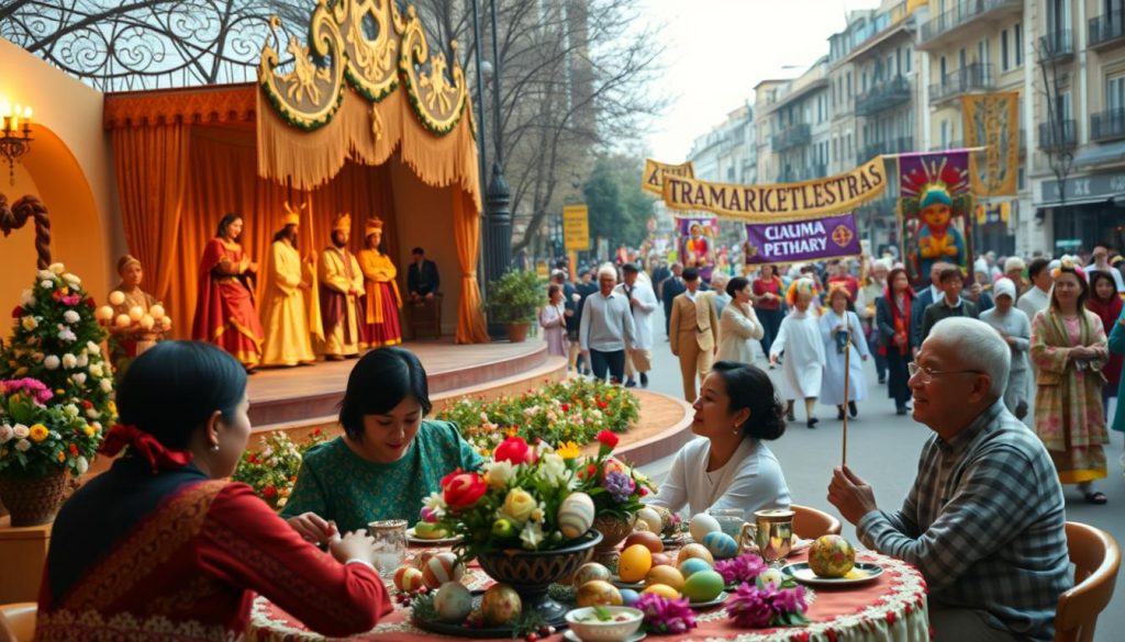 A vibrant scene of an Easter celebration, blending diverse cultural traditions. In the foreground, a family gathers around a table adorned with traditional Easter decorations - colorful eggs, spring flowers, and handcrafted ornaments. The middle ground showcases a performance stage, where actors in ornate costumes enact a classical theater piece, their movements graceful and expressive. In the background, a lively parade winds through the streets, featuring costumed participants carrying banners and puppets that reflect the rich tapestry of the community's heritage. Warm, diffused lighting casts a golden glow, capturing the sense of joy, togetherness, and artistic expression that embodies this celebration of faith, renewal, and cultural heritage. A vibrant scene of an Easter celebration, blending diverse cultural traditions. In the foreground, a family gathers around a table adorned with traditional Easter decorations - colorful eggs, spring flowers, and handcrafted ornaments. The middle ground showcases a performance stage, where actors in ornate costumes enact a classical theater piece, their movements graceful and expressive. In the background, a lively parade winds through the streets, featuring costumed participants carrying banners and puppets that reflect the rich tapestry of the community's heritage. Warm, diffused lighting casts a golden glow, capturing the sense of joy, togetherness, and artistic expression that embodies this celebration of faith, renewal, and cultural heritage.