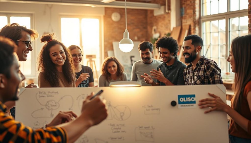 A vibrant scene of collaborative energy, a team of diverse creatives gathered in a light-filled studio. In the foreground, hands gesticulate animatedly as they sketch ideas on a shared whiteboard, expressions focused yet alive with inspiration. In the middle ground, team members lean in, engaged in lively discussion, their faces lit by the glow of a central task lamp. The background reveals a workspace alive with tactile materials - paints, fabrics, half-built models - hinting at the process of discovery unfolding. Warm, natural light from large windows casts a golden hue, imbuing the scene with a sense of warmth and possibility. An atmosphere of audacious, collective problem-solving permeates the space, conveying the "Power of Creative Risk". A vibrant scene of collaborative energy, a team of diverse creatives gathered in a light-filled studio. In the foreground, hands gesticulate animatedly as they sketch ideas on a shared whiteboard, expressions focused yet alive with inspiration. In the middle ground, team members lean in, engaged in lively discussion, their faces lit by the glow of a central task lamp. The background reveals a workspace alive with tactile materials - paints, fabrics, half-built models - hinting at the process of discovery unfolding. Warm, natural light from large windows casts a golden hue, imbuing the scene with a sense of warmth and possibility. An atmosphere of audacious, collective problem-solving permeates the space, conveying the "Power of Creative Risk".