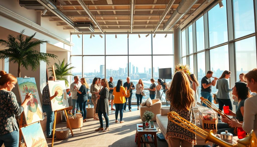 A vibrant scene of seasonal arts participation unfolds, captured in a wide-angle, high-resolution photograph. In the foreground, a diverse group of people actively engage in various creative activities - painting, sculpting, dancing, and playing musical instruments. The middle ground features an open, light-filled space with stylish furnishings and décor, creating an inviting atmosphere. In the background, large windows offer glimpses of a bustling city skyline, hinting at the connection between the arts and the broader community. Warm, natural lighting bathes the entire scene, infusing it with a sense of energy and excitement. The overall composition conveys a spirit of inclusivity, creativity, and the joy of supporting the arts. A vibrant scene of seasonal arts participation unfolds, captured in a wide-angle, high-resolution photograph. In the foreground, a diverse group of people actively engage in various creative activities - painting, sculpting, dancing, and playing musical instruments. The middle ground features an open, light-filled space with stylish furnishings and décor, creating an inviting atmosphere. In the background, large windows offer glimpses of a bustling city skyline, hinting at the connection between the arts and the broader community. Warm, natural lighting bathes the entire scene, infusing it with a sense of energy and excitement. The overall composition conveys a spirit of inclusivity, creativity, and the joy of supporting the arts.