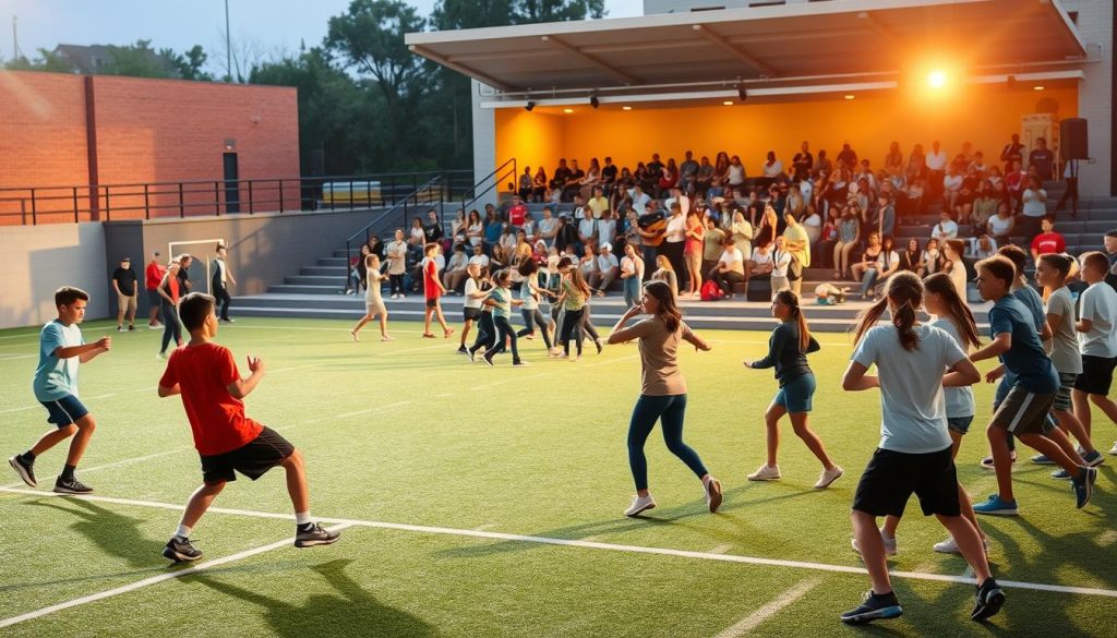 A vibrant scene of youth engaged in diverse activities, showcasing the synergy between sports and the arts. In the foreground, a group of young athletes practice drills on a well-lit playing field, their movements captured in dynamic poses. In the middle ground, a collection of students rehearse a dance routine, their bodies flowing with graceful, coordinated motions. In the background, an open-air amphitheater hosts a lively performance, with young musicians and performers captivating the audience. The overall atmosphere is one of energy, collaboration, and the celebration of human potential, illuminated by warm, natural lighting and a sense of community. A vibrant scene of youth engaged in diverse activities, showcasing the synergy between sports and the arts. In the foreground, a group of young athletes practice drills on a well-lit playing field, their movements captured in dynamic poses. In the middle ground, a collection of students rehearse a dance routine, their bodies flowing with graceful, coordinated motions. In the background, an open-air amphitheater hosts a lively performance, with young musicians and performers captivating the audience. The overall atmosphere is one of energy, collaboration, and the celebration of human potential, illuminated by warm, natural lighting and a sense of community.