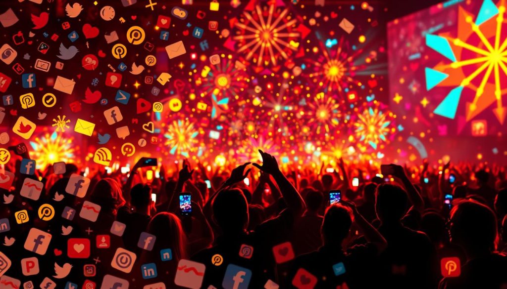 A vibrant, social media-inspired landscape showcasing the latest viral trends. In the foreground, a collage of iconic social media symbols and logos swirls dynamically, conveying the perpetual cycle of digital fads. The middle ground features a crowd of silhouetted figures, their hands raised, eagerly engaging with their devices, immersed in the ever-evolving digital landscape. In the background, a kaleidoscope of colorful geometric patterns and glowing digital elements creates a sense of boundless connectivity and the rapid spread of information. Warm lighting bathes the scene, evoking the allure and energy of social media's captivating influence. Captured through a wide-angle lens, the composition emphasizes the pervasive, all-encompassing nature of viral social media trends. A vibrant, social media-inspired landscape showcasing the latest viral trends. In the foreground, a collage of iconic social media symbols and logos swirls dynamically, conveying the perpetual cycle of digital fads. The middle ground features a crowd of silhouetted figures, their hands raised, eagerly engaging with their devices, immersed in the ever-evolving digital landscape. In the background, a kaleidoscope of colorful geometric patterns and glowing digital elements creates a sense of boundless connectivity and the rapid spread of information. Warm lighting bathes the scene, evoking the allure and energy of social media's captivating influence. Captured through a wide-angle lens, the composition emphasizes the pervasive, all-encompassing nature of viral social media trends.