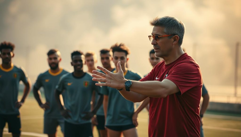 A vibrant sports coaching scene, captured with cinematic flair. In the foreground, a coach demonstrates a dynamic technique, their hands guiding the players through precise movements. The middle ground features a diverse team, their expressions focused as they emulate the coach's instructions. Soft, warm lighting illuminates the scene, casting subtle shadows that accentuate the players' forms. The background blurs into a hazy, atmospheric setting, hinting at the energy and camaraderie of the training session. The overall composition exudes a sense of motion, collaboration, and the art of sports coaching. A vibrant sports coaching scene, captured with cinematic flair. In the foreground, a coach demonstrates a dynamic technique, their hands guiding the players through precise movements. The middle ground features a diverse team, their expressions focused as they emulate the coach's instructions. Soft, warm lighting illuminates the scene, casting subtle shadows that accentuate the players' forms. The background blurs into a hazy, atmospheric setting, hinting at the energy and camaraderie of the training session. The overall composition exudes a sense of motion, collaboration, and the art of sports coaching.