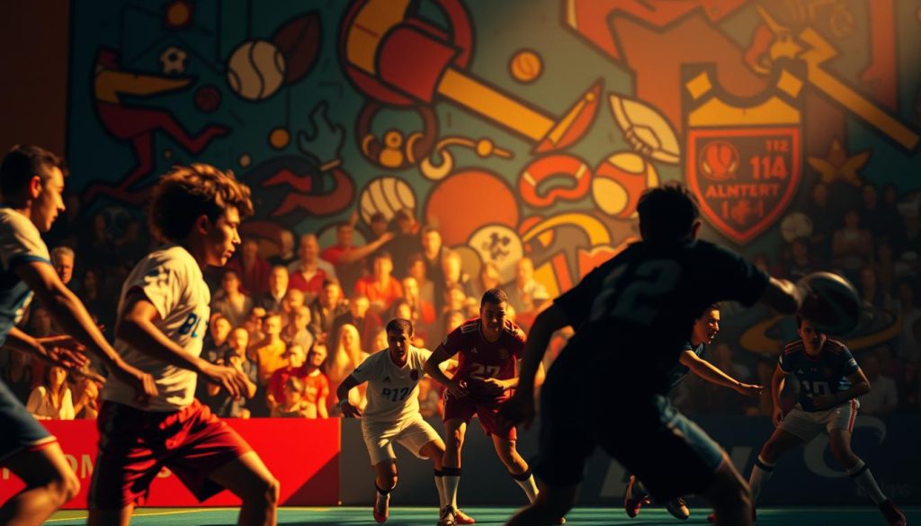 A vibrant, sports-themed scene captured through a cinematic lens. In the foreground, athletic figures engaged in a dynamic game, their movements frozen in time. The middle ground features a backdrop of spectators, their expressions conveying the intensity of the competition. The background is a stylized, abstract representation of sports-related iconography, with bold colors and geometric shapes creating a sense of energy and movement. Warm, directional lighting casts dramatic shadows, adding depth and a sense of drama to the composition. The overall atmosphere evokes the thrill and camaraderie of competitive sports, reflecting the themes of "Sports, Identity, and the Language of Competition". A vibrant, sports-themed scene captured through a cinematic lens. In the foreground, athletic figures engaged in a dynamic game, their movements frozen in time. The middle ground features a backdrop of spectators, their expressions conveying the intensity of the competition. The background is a stylized, abstract representation of sports-related iconography, with bold colors and geometric shapes creating a sense of energy and movement. Warm, directional lighting casts dramatic shadows, adding depth and a sense of drama to the composition. The overall atmosphere evokes the thrill and camaraderie of competitive sports, reflecting the themes of "Sports, Identity, and the Language of Competition".