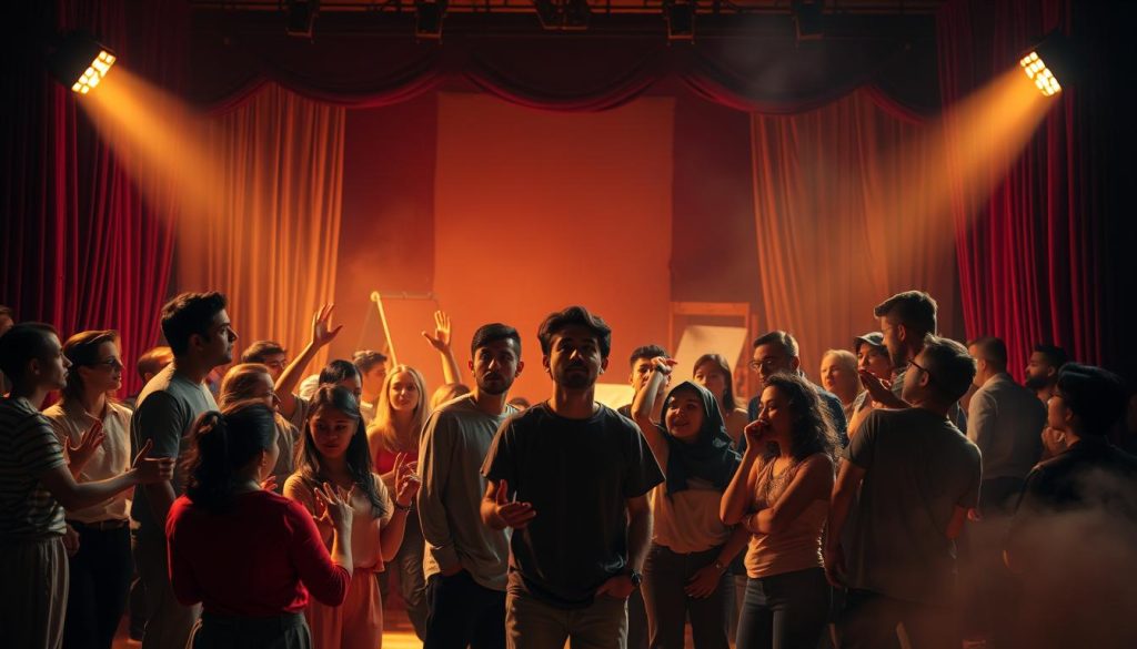 A vibrant theatrical setting, with a spotlight illuminating a diverse cast of characters in the foreground. They are engaged in various creative exercises - some are gesticulating dramatically, others are lost in contemplation, and a few are collaborating animatedly. The middle ground features a backdrop of abstract stage elements, such as draped curtains, theatrical props, and a subtle hint of an audience. The overall atmosphere conveys a sense of boundless creativity, experimentation, and the transformative power of character development. Warm lighting and a slightly hazy, cinematic quality create an immersive, inspirational mood. A vibrant theatrical setting, with a spotlight illuminating a diverse cast of characters in the foreground. They are engaged in various creative exercises - some are gesticulating dramatically, others are lost in contemplation, and a few are collaborating animatedly. The middle ground features a backdrop of abstract stage elements, such as draped curtains, theatrical props, and a subtle hint of an audience. The overall atmosphere conveys a sense of boundless creativity, experimentation, and the transformative power of character development. Warm lighting and a slightly hazy, cinematic quality create an immersive, inspirational mood.