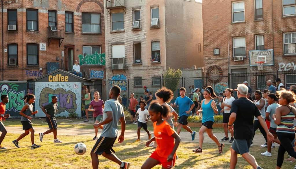 A vibrant urban scene of a sports community in action. In the foreground, a diverse group of people of all ages engaged in various athletic activities - a pickup basketball game, kids kicking a soccer ball, adults stretching and jogging. The middle ground features colorful murals, community gardens, and handmade sports equipment, conveying a sense of grassroots civic engagement. In the background, the weathered facades of old brick buildings, their windows and doorways framing glimpses of everyday life. Warm, diffused sunlight filters through, casting a golden glow over the entire tableau. The atmosphere is one of camaraderie, resilience, and the shared passions that bring a neighborhood together. A vibrant urban scene of a sports community in action. In the foreground, a diverse group of people of all ages engaged in various athletic activities - a pickup basketball game, kids kicking a soccer ball, adults stretching and jogging. The middle ground features colorful murals, community gardens, and handmade sports equipment, conveying a sense of grassroots civic engagement. In the background, the weathered facades of old brick buildings, their windows and doorways framing glimpses of everyday life. Warm, diffused sunlight filters through, casting a golden glow over the entire tableau. The atmosphere is one of camaraderie, resilience, and the shared passions that bring a neighborhood together.