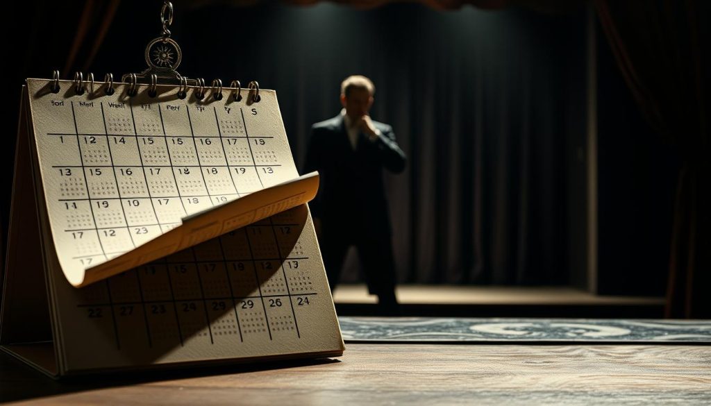 A vintage performance calendar with a dramatic, theatrical flair. The foreground features a centrally placed calendar grid, its pages flipping dramatically, casting dramatic shadows. The middle ground showcases a shadowy, silhouetted figure of a performer, perhaps Woyzeck himself, posing with a pensive, brooding expression. The background is a moody, atmospheric setting, with a dimly lit stage, heavy velvet curtains, and a sense of anticipation and intrigue. The lighting is chiaroscuro, creating a sense of depth and drama. The overall mood is one of contemplation, anticipation, and the weight of a pivotal performance. A vintage performance calendar with a dramatic, theatrical flair. The foreground features a centrally placed calendar grid, its pages flipping dramatically, casting dramatic shadows. The middle ground showcases a shadowy, silhouetted figure of a performer, perhaps Woyzeck himself, posing with a pensive, brooding expression. The background is a moody, atmospheric setting, with a dimly lit stage, heavy velvet curtains, and a sense of anticipation and intrigue. The lighting is chiaroscuro, creating a sense of depth and drama. The overall mood is one of contemplation, anticipation, and the weight of a pivotal performance.
