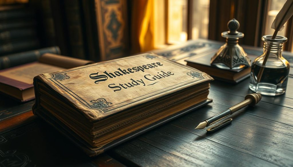 A weathered, leather-bound book rests on a dark, ornate wooden table, its pages worn and yellowed with age. Soft, golden light filters through a nearby window, casting a warm glow on the book's cover, which displays the faded title "Shakespeare Study Guide" in an elegant, antiquated script. The book is surrounded by other vintage-looking volumes, a quill pen, and a glass inkwell, creating an atmosphere of scholarly contemplation and reverence for the Bard's works. The scene is captured from a low, slightly angled perspective, emphasizing the book's central importance and the air of academic seclusion. A weathered, leather-bound book rests on a dark, ornate wooden table, its pages worn and yellowed with age. Soft, golden light filters through a nearby window, casting a warm glow on the book's cover, which displays the faded title "Shakespeare Study Guide" in an elegant, antiquated script. The book is surrounded by other vintage-looking volumes, a quill pen, and a glass inkwell, creating an atmosphere of scholarly contemplation and reverence for the Bard's works. The scene is captured from a low, slightly angled perspective, emphasizing the book's central importance and the air of academic seclusion.
