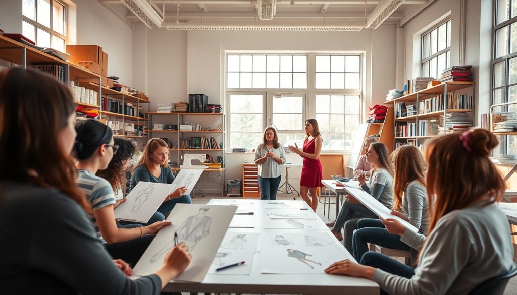 A well-lit, airy studio classroom with large windows and high ceilings. In the foreground, a group of students intently sketching fashion designs and costume elements on their drawing pads. In the middle ground, a teacher gesticulating as they explain concepts of silhouette, texture, and color theory to the attentive class. Shelves lining the walls display an array of sewing machines, fabric samples, and reference books on theater design. Soft, natural lighting filters in, casting a warm, contemplative atmosphere over the educational scene. A well-lit, airy studio classroom with large windows and high ceilings. In the foreground, a group of students intently sketching fashion designs and costume elements on their drawing pads. In the middle ground, a teacher gesticulating as they explain concepts of silhouette, texture, and color theory to the attentive class. Shelves lining the walls display an array of sewing machines, fabric samples, and reference books on theater design. Soft, natural lighting filters in, casting a warm, contemplative atmosphere over the educational scene.