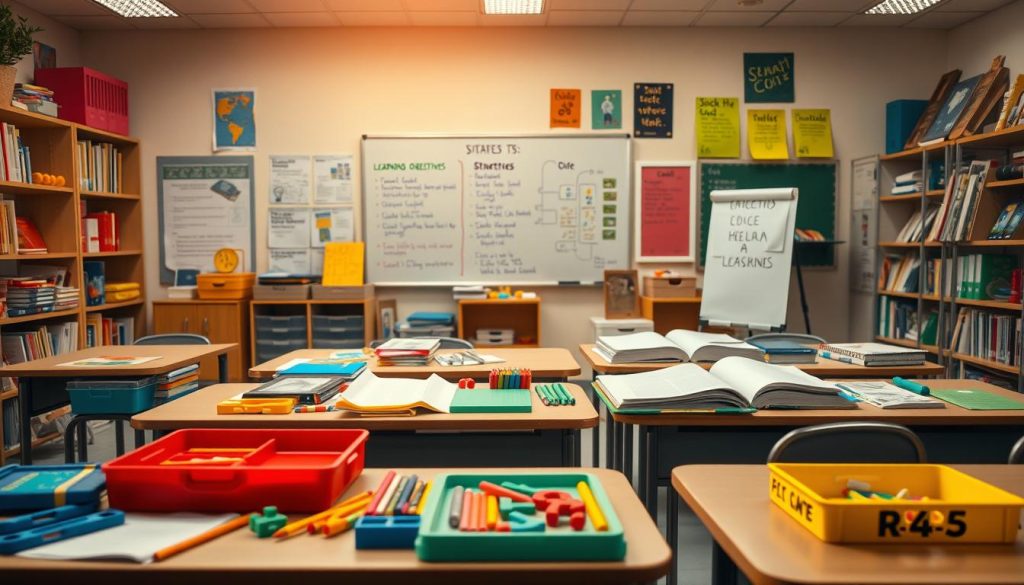 A well-lit classroom scene with an array of educational tools and strategies arranged on the desks. In the foreground, a selection of colorful manipulatives, textbooks, and learning aids. In the middle ground, a whiteboard or chalkboard displaying learning objectives and key concepts. The background features shelves filled with reference materials, educational posters, and displays showcasing student work. The lighting is warm and inviting, creating a thoughtful, focused atmosphere conducive to active learning. The camera angle is slightly elevated, providing a comprehensive overview of the engaging and enriching learning environment. A well-lit classroom scene with an array of educational tools and strategies arranged on the desks. In the foreground, a selection of colorful manipulatives, textbooks, and learning aids. In the middle ground, a whiteboard or chalkboard displaying learning objectives and key concepts. The background features shelves filled with reference materials, educational posters, and displays showcasing student work. The lighting is warm and inviting, creating a thoughtful, focused atmosphere conducive to active learning. The camera angle is slightly elevated, providing a comprehensive overview of the engaging and enriching learning environment.
