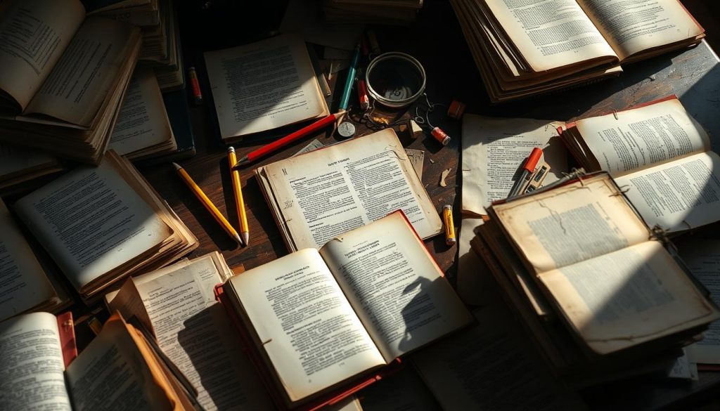 A well-lit, high-angle shot of a messy table covered in worn, weathered theater playbooks. The books are in various states of disrepair, some tattered and dog-eared, others pristine and untouched. Pencils, highlighters, and coffee-stained notes litter the scene, creating a sense of a writer's workspace. The lighting casts long shadows, lending a dramatic, focused atmosphere. The camera's shallow depth of field blurs the background, placing the playbooks as the central focus. This image conveys the common mistakes and pitfalls of script submissions, a cautionary tale of the arduous journey to securing a spot on the stage. A well-lit, high-angle shot of a messy table covered in worn, weathered theater playbooks. The books are in various states of disrepair, some tattered and dog-eared, others pristine and untouched. Pencils, highlighters, and coffee-stained notes litter the scene, creating a sense of a writer's workspace. The lighting casts long shadows, lending a dramatic, focused atmosphere. The camera's shallow depth of field blurs the background, placing the playbooks as the central focus. This image conveys the common mistakes and pitfalls of script submissions, a cautionary tale of the arduous journey to securing a spot on the stage.