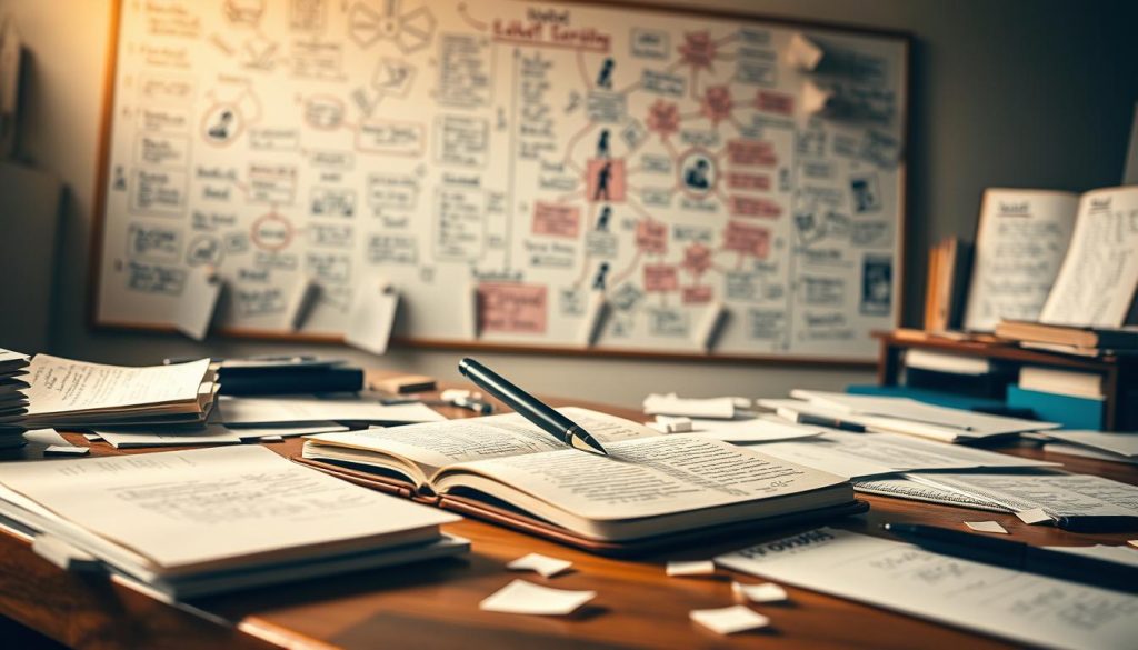 A writer's desk with an open notebook, pen in hand, surrounded by a swirl of ideas, notes, and scattered papers. The scene is bathed in warm, soft lighting, creating a contemplative and creative atmosphere. In the background, a large whiteboard filled with mind maps, diagrams, and scribbled plot points, hinting at the process of script development. The overall composition conveys the thoughtful, iterative nature of crafting a meaningful story that connects with the audience. A writer's desk with an open notebook, pen in hand, surrounded by a swirl of ideas, notes, and scattered papers. The scene is bathed in warm, soft lighting, creating a contemplative and creative atmosphere. In the background, a large whiteboard filled with mind maps, diagrams, and scribbled plot points, hinting at the process of script development. The overall composition conveys the thoughtful, iterative nature of crafting a meaningful story that connects with the audience.