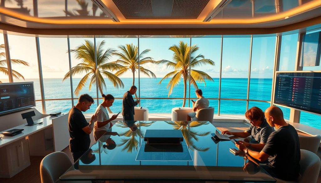 An offshore sports betting office, set against a backdrop of tropical palm trees and azure blue waters. The foreground features a group of people gathered around a glass-topped table, intensely focused on their mobile devices as they place their bets. The middle ground showcases the sleek, modern interior of the betting parlor, with its minimalist design and high-tech displays. In the background, a panoramic view of the ocean and a distant horizon, creating a sense of tranquility and escape. The lighting is warm and natural, casting a golden glow over the scene. The camera angle is slightly elevated, providing a birds-eye view of the action, conveying a sense of oversight and authority. An offshore sports betting office, set against a backdrop of tropical palm trees and azure blue waters. The foreground features a group of people gathered around a glass-topped table, intensely focused on their mobile devices as they place their bets. The middle ground showcases the sleek, modern interior of the betting parlor, with its minimalist design and high-tech displays. In the background, a panoramic view of the ocean and a distant horizon, creating a sense of tranquility and escape. The lighting is warm and natural, casting a golden glow over the scene. The camera angle is slightly elevated, providing a birds-eye view of the action, conveying a sense of oversight and authority.