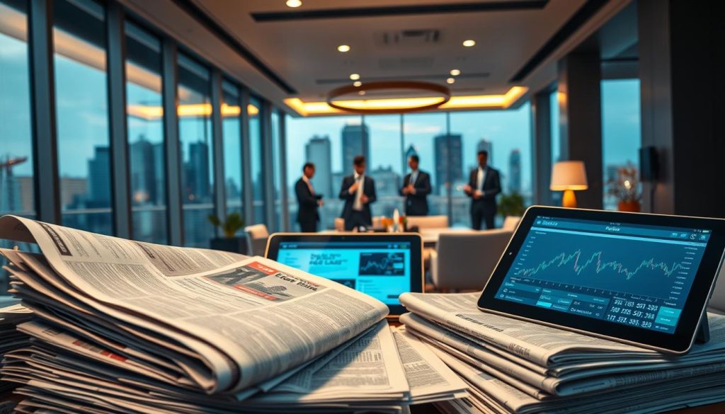 An offshore sportsbook company news backdrop, a sleek modern office setting with floor-to-ceiling windows overlooking a cityscape. In the foreground, a stack of newspapers and digital tablets displaying sports betting headlines and analytics. In the middle ground, executives in business attire engaged in animated discussions, surrounded by conference room furniture and sophisticated tech. The lighting is a blend of natural daylight and warm artificial illumination, creating a professional and dynamic atmosphere. The camera angle is slightly elevated, capturing the energy and momentum of the scene. The overall mood conveys a sense of opportunity, progress, and the rapid evolution of the online gambling industry. An offshore sportsbook company news backdrop, a sleek modern office setting with floor-to-ceiling windows overlooking a cityscape. In the foreground, a stack of newspapers and digital tablets displaying sports betting headlines and analytics. In the middle ground, executives in business attire engaged in animated discussions, surrounded by conference room furniture and sophisticated tech. The lighting is a blend of natural daylight and warm artificial illumination, creating a professional and dynamic atmosphere. The camera angle is slightly elevated, capturing the energy and momentum of the scene. The overall mood conveys a sense of opportunity, progress, and the rapid evolution of the online gambling industry.