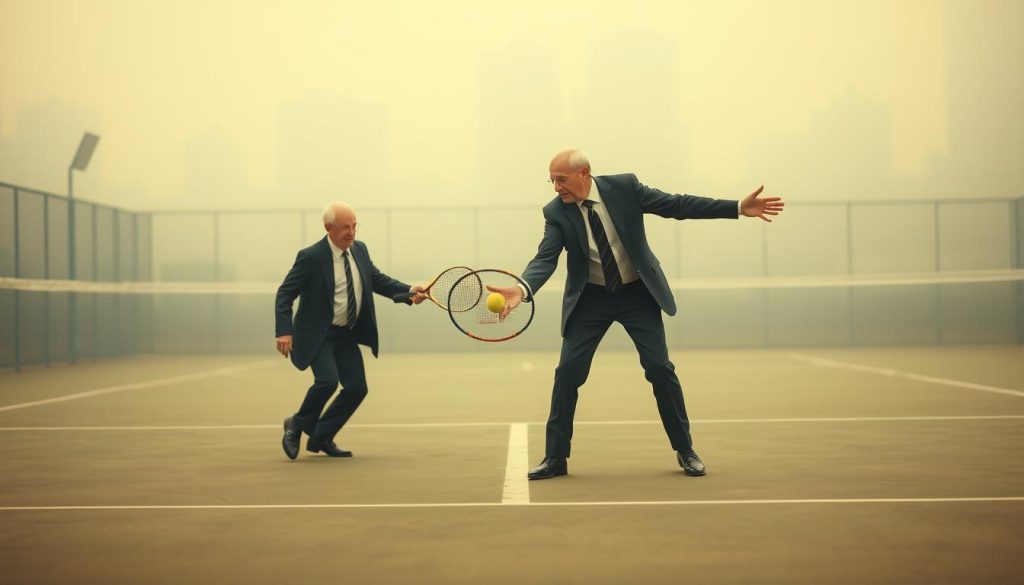 Two elderly individuals, dressed formally in suits and ties, are engaged in an intense, yet absurdist, tennis match on a surreal, minimalist court. The players move with a sense of ritualistic, almost comical, determination, their expressions caught in a perpetual state of existential contemplation. The court is bathed in a warm, hazy light, creating an atmosphere of dreamlike detachment, as if the game itself is a metaphor for the human condition. The background is blurred, emphasizing the players' isolated focus, their bodies frozen in a dance of strategic volley and return. The overall scene conveys a sense of the sublime within the mundane, where the grand themes of life and death are played out through the simple act of hitting a ball across a net. Two elderly individuals, dressed formally in suits and ties, are engaged in an intense, yet absurdist, tennis match on a surreal, minimalist court. The players move with a sense of ritualistic, almost comical, determination, their expressions caught in a perpetual state of existential contemplation. The court is bathed in a warm, hazy light, creating an atmosphere of dreamlike detachment, as if the game itself is a metaphor for the human condition. The background is blurred, emphasizing the players' isolated focus, their bodies frozen in a dance of strategic volley and return. The overall scene conveys a sense of the sublime within the mundane, where the grand themes of life and death are played out through the simple act of hitting a ball across a net.
