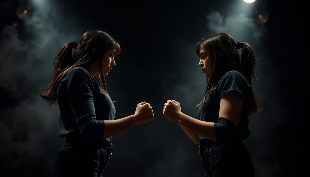 Two identical young women, mirroring each other's movements, locked in a tense standoff on a dimly lit stage. Dramatic low-key lighting casts dramatic shadows, emphasizing the sisters' fierce expressions and clenched fists. The background is shrouded in a hazy, moody atmosphere, with a sense of claustrophobic confinement, heightening the palpable rivalry between the performers. The camera angle is slightly low, creating a sense of power struggle and underlying aggression in the frame. The overall composition and tone evoke the themes of duality, competition, and the complexities of familial bonds. Two identical young women, mirroring each other's movements, locked in a tense standoff on a dimly lit stage. Dramatic low-key lighting casts dramatic shadows, emphasizing the sisters' fierce expressions and clenched fists. The background is shrouded in a hazy, moody atmosphere, with a sense of claustrophobic confinement, heightening the palpable rivalry between the performers. The camera angle is slightly low, creating a sense of power struggle and underlying aggression in the frame. The overall composition and tone evoke the themes of duality, competition, and the complexities of familial bonds.