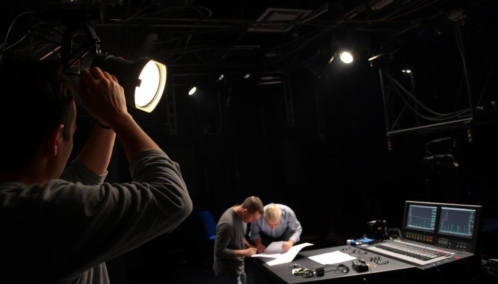 A backstage environment, dimly lit with focused spotlights illuminating a complex tangle of technical equipment. In the foreground, a crew member meticulously adjusts a lighting fixture, their hands delicately manipulating the intricate controls. In the middle ground, a team collaborates, heads bent over schematics, problem-solving with intense concentration. The background reveals a maze of cables, rigging, and an array of digital interfaces, hinting at the hidden artistry required to bring a performance to life. The atmosphere is one of hushed, focused intensity, where the true creative power lies in the unseen labor of the technical crew. A backstage environment, dimly lit with focused spotlights illuminating a complex tangle of technical equipment. In the foreground, a crew member meticulously adjusts a lighting fixture, their hands delicately manipulating the intricate controls. In the middle ground, a team collaborates, heads bent over schematics, problem-solving with intense concentration. The background reveals a maze of cables, rigging, and an array of digital interfaces, hinting at the hidden artistry required to bring a performance to life. The atmosphere is one of hushed, focused intensity, where the true creative power lies in the unseen labor of the technical crew.