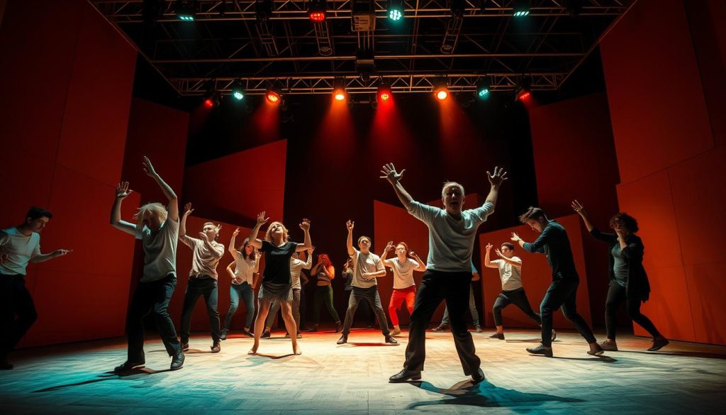 A bold, avant-garde stage with performers breaking through the confines of traditional storytelling. Avant-garde actors gesticulating wildly, defying linear narrative and embracing the abstract. Vibrant, expressionistic lighting casts dramatic shadows, highlighting the unconventional choreography. The mise-en-scène is a study in angular, modernist set design, with geometric shapes and asymmetrical structures. An atmosphere of creative energy and artistic experimentation permeates the scene, as the playwrights shatter expectations and redefine the boundaries of theater. A bold, avant-garde stage with performers breaking through the confines of traditional storytelling. Avant-garde actors gesticulating wildly, defying linear narrative and embracing the abstract. Vibrant, expressionistic lighting casts dramatic shadows, highlighting the unconventional choreography. The mise-en-scène is a study in angular, modernist set design, with geometric shapes and asymmetrical structures. An atmosphere of creative energy and artistic experimentation permeates the scene, as the playwrights shatter expectations and redefine the boundaries of theater.