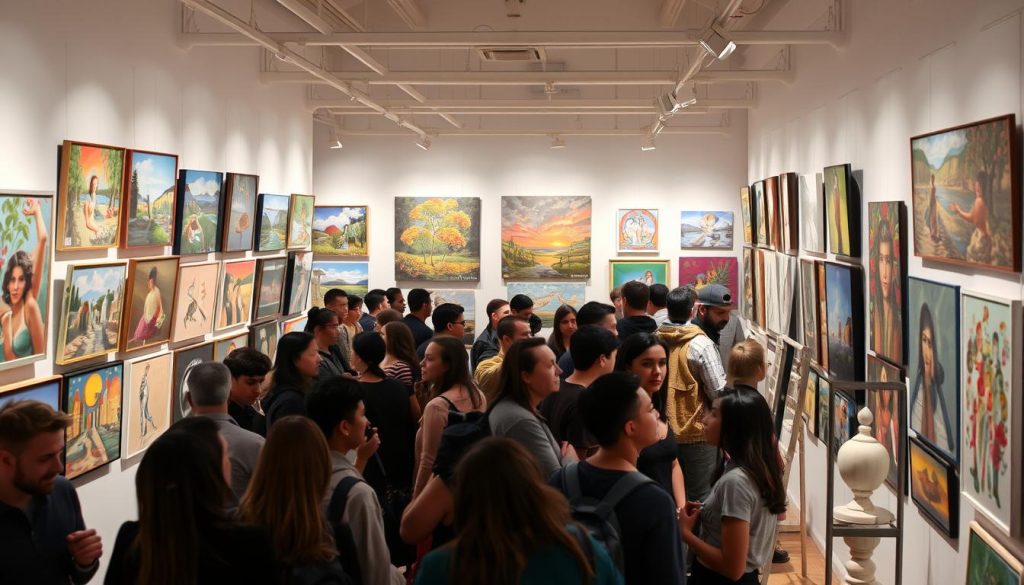 A bustling art gallery filled with emerging artists, their canvases depicting vibrant scenes of creative expression. Soft, diffused lighting illuminates the diverse array of paintings, sculptures, and mixed media works that line the walls, each piece a testament to the boundless imagination of these up-and-coming talents. In the foreground, a group of eager art enthusiasts examines the artwork, their faces alight with curiosity and appreciation. The middle ground showcases a range of styles, from bold abstract compositions to delicate figurative studies, while the background reveals a spacious, modern gallery setting with minimalist decor that allows the art to take center stage. An atmosphere of discovery and artistic potential permeates the scene, hinting at the boundless creativity that lies within this thriving community of emerging artists. A bustling art gallery filled with emerging artists, their canvases depicting vibrant scenes of creative expression. Soft, diffused lighting illuminates the diverse array of paintings, sculptures, and mixed media works that line the walls, each piece a testament to the boundless imagination of these up-and-coming talents. In the foreground, a group of eager art enthusiasts examines the artwork, their faces alight with curiosity and appreciation. The middle ground showcases a range of styles, from bold abstract compositions to delicate figurative studies, while the background reveals a spacious, modern gallery setting with minimalist decor that allows the art to take center stage. An atmosphere of discovery and artistic potential permeates the scene, hinting at the boundless creativity that lies within this thriving community of emerging artists.