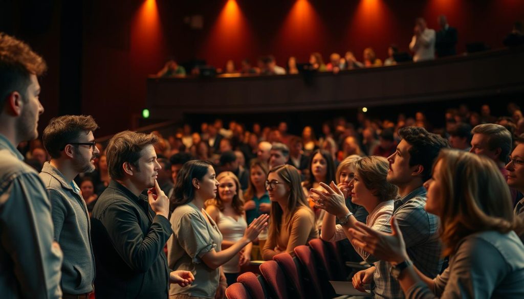 A bustling auditorium, the air charged with anticipation. On stage, a panel of playwrights and directors, ready to receive the eager feedback of a premiere audience. Warm, focused lighting illuminates their thoughtful expressions as they lean in, attentively listening to the crowd's insightful commentary. In the audience, spectators lean forward, gesturing animatedly, their faces alight with inspiration and creative energy. Subtle shadows and reflections hint at the technical aspects of the session, while the overall atmosphere conveys the collaborative, dynamic nature of this pivotal moment in the play's development. A bustling auditorium, the air charged with anticipation. On stage, a panel of playwrights and directors, ready to receive the eager feedback of a premiere audience. Warm, focused lighting illuminates their thoughtful expressions as they lean in, attentively listening to the crowd's insightful commentary. In the audience, spectators lean forward, gesturing animatedly, their faces alight with inspiration and creative energy. Subtle shadows and reflections hint at the technical aspects of the session, while the overall atmosphere conveys the collaborative, dynamic nature of this pivotal moment in the play's development.