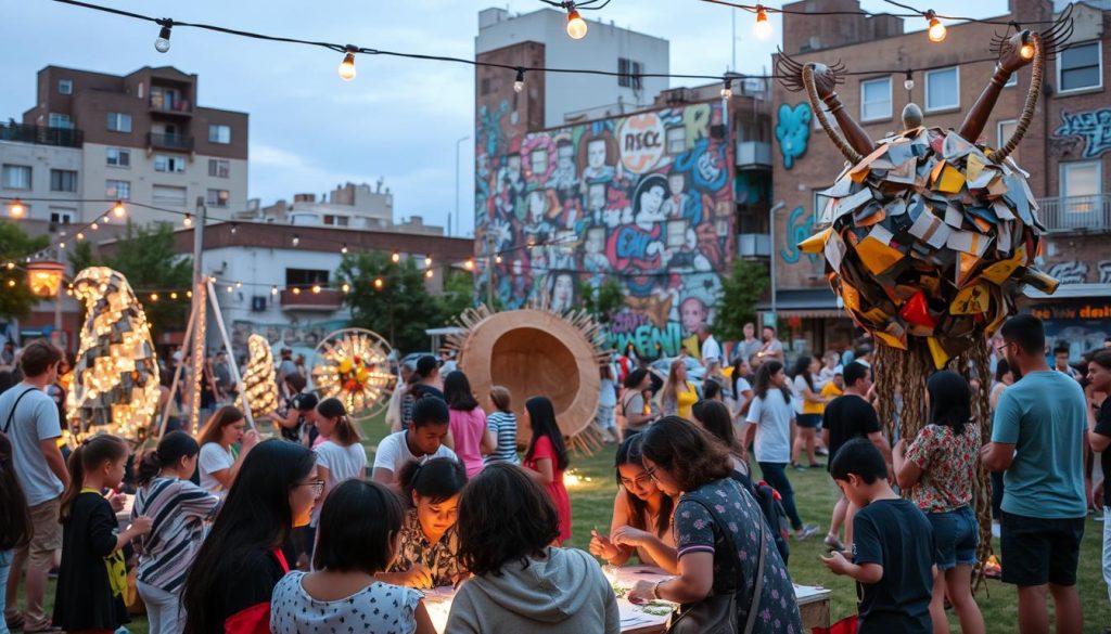 A bustling community art installation set in a vibrant urban landscape. In the foreground, a group of participants engages in an interactive, hands-on artistic activity, their faces illuminated by the warm glow of string lights. The middle ground features large-scale sculptural elements made from recycled materials, inviting onlookers to explore and discover. In the background, a mural-covered building serves as a backdrop, creating a sense of immersion and connection between the art and the surrounding environment. The scene is bathed in a soft, diffused lighting that enhances the sense of warmth and togetherness, capturing the essence of an immersive community art project. A bustling community art installation set in a vibrant urban landscape. In the foreground, a group of participants engages in an interactive, hands-on artistic activity, their faces illuminated by the warm glow of string lights. The middle ground features large-scale sculptural elements made from recycled materials, inviting onlookers to explore and discover. In the background, a mural-covered building serves as a backdrop, creating a sense of immersion and connection between the art and the surrounding environment. The scene is bathed in a soft, diffused lighting that enhances the sense of warmth and togetherness, capturing the essence of an immersive community art project.