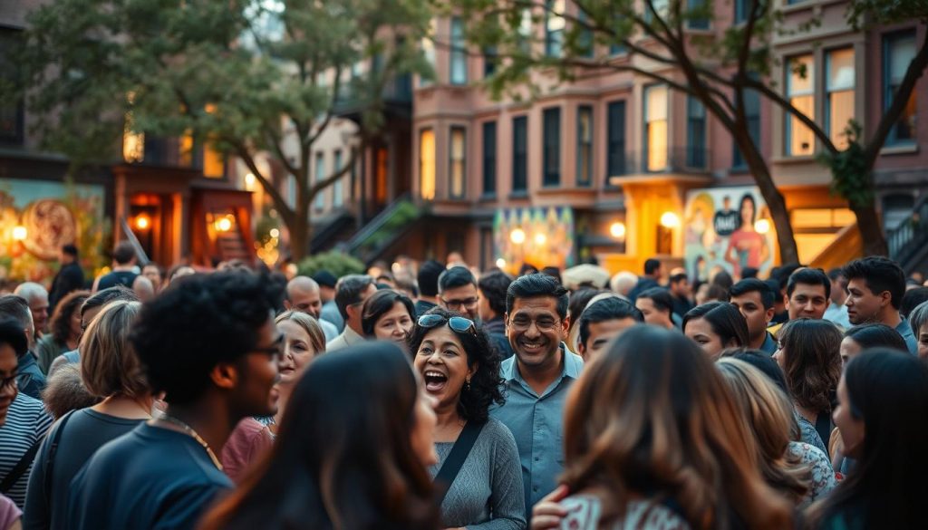 A bustling community gathering in a vibrant urban neighborhood. In the foreground, a diverse group of residents engaged in lively conversation, their faces animated with enthusiasm. The middle ground reveals a mural-adorned wall, showcasing the neighborhood's artistic vibrancy. In the background, historic brownstone buildings line the streets, their warm lighting casting a cozy glow. The scene is illuminated by a mix of natural daylight and soft, diffused artificial lighting, creating a welcoming and inclusive atmosphere. The overall mood is one of neighborly connection, community pride, and creative expression. A bustling community gathering in a vibrant urban neighborhood. In the foreground, a diverse group of residents engaged in lively conversation, their faces animated with enthusiasm. The middle ground reveals a mural-adorned wall, showcasing the neighborhood's artistic vibrancy. In the background, historic brownstone buildings line the streets, their warm lighting casting a cozy glow. The scene is illuminated by a mix of natural daylight and soft, diffused artificial lighting, creating a welcoming and inclusive atmosphere. The overall mood is one of neighborly connection, community pride, and creative expression.