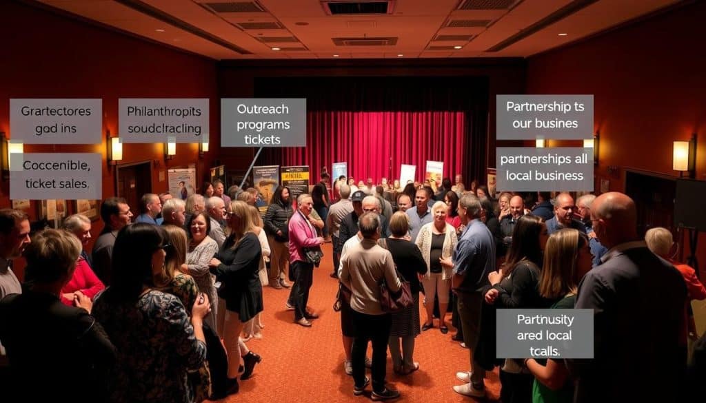 A bustling community theater foyer, filled with patrons discussing funding options. In the foreground, a panel of directors and philanthropists showcase various models - grants, sponsorships, crowdfunding, and ticket sales. The middle ground features an array of colorful posters and banners highlighting accessible performances, outreach programs, and partnerships with local businesses. In the background, a stage can be seen, its curtains drawn, hinting at the vibrant performances that these funding sources enable. Warm, inviting lighting casts a glow over the scene, reflecting the collaborative spirit of the community's efforts to make theater accessible to all.
