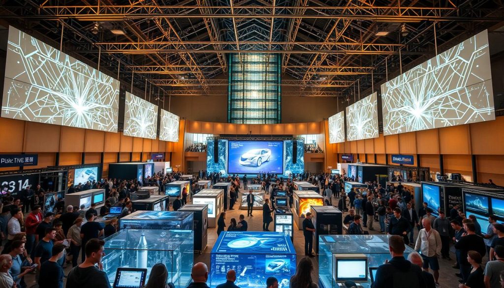 A bustling festival showcase, centered around a grand stage adorned with cutting-edge technological displays. In the foreground, attendees marvel at interactive exhibits, their faces lit by the glow of holographic projections. The middle ground features a diverse array of innovative booths, each showcasing the latest advancements in energy, transportation, and communication. Towering in the background, a towering glass and steel structure houses a state-of-the-art auditorium, where thought leaders present their visions for the future. Warm, diffused lighting casts an inviting atmosphere, while a sense of excitement and wonder permeates the scene. A bustling festival showcase, centered around a grand stage adorned with cutting-edge technological displays. In the foreground, attendees marvel at interactive exhibits, their faces lit by the glow of holographic projections. The middle ground features a diverse array of innovative booths, each showcasing the latest advancements in energy, transportation, and communication. Towering in the background, a towering glass and steel structure houses a state-of-the-art auditorium, where thought leaders present their visions for the future. Warm, diffused lighting casts an inviting atmosphere, while a sense of excitement and wonder permeates the scene.