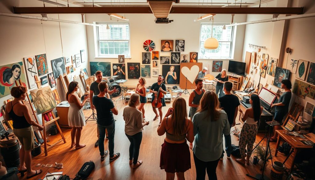 A bustling multidisciplinary arts collaboration unfolds in a vibrant, well-lit studio. In the foreground, a group of diverse artists – painters, dancers, musicians, and sculptors – engage in lively discussion, their bodies and creative tools intertwined. The middle ground features a dynamic performance, with dancers gracefully moving to the rhythm of a live band. In the background, an eclectic array of artworks and installations hint at the collaborative, experimental nature of the space. Warm, golden lighting casts an inviting glow, while a wide-angle lens captures the energy and synergy of this multifaceted creative hub. A bustling multidisciplinary arts collaboration unfolds in a vibrant, well-lit studio. In the foreground, a group of diverse artists – painters, dancers, musicians, and sculptors – engage in lively discussion, their bodies and creative tools intertwined. The middle ground features a dynamic performance, with dancers gracefully moving to the rhythm of a live band. In the background, an eclectic array of artworks and installations hint at the collaborative, experimental nature of the space. Warm, golden lighting casts an inviting glow, while a wide-angle lens captures the energy and synergy of this multifaceted creative hub.