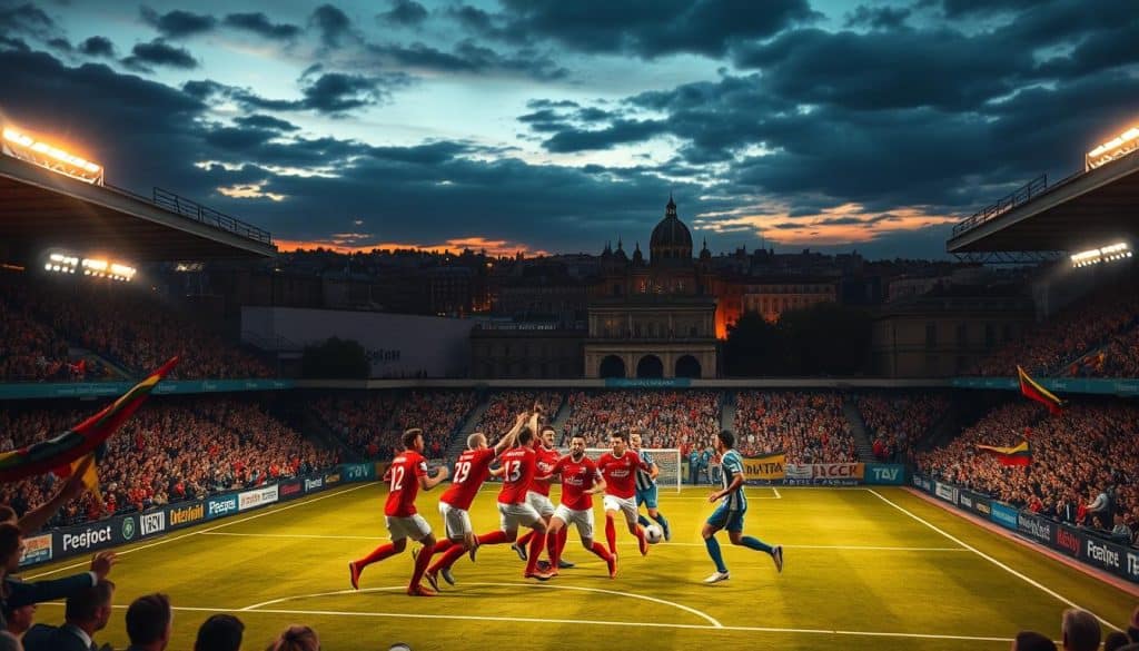 A bustling soccer stadium in the heart of a European city. Spotlights pierce the twilight sky, casting dramatic shadows across the field. In the foreground, players in vibrant uniforms collide in a fierce contest, their faces etched with determination. The crowd roars, their passions ignited by the intensity of the match. In the middle ground, fans wave flags and scarves, their collective energy palpable. The background depicts the city skyline, its iconic architecture silhouetted against a moody, cinematic sky. Warm, saturated colors and a dynamic, cinéma vérité-inspired composition convey the perfect blend of sports intensity and European drama.